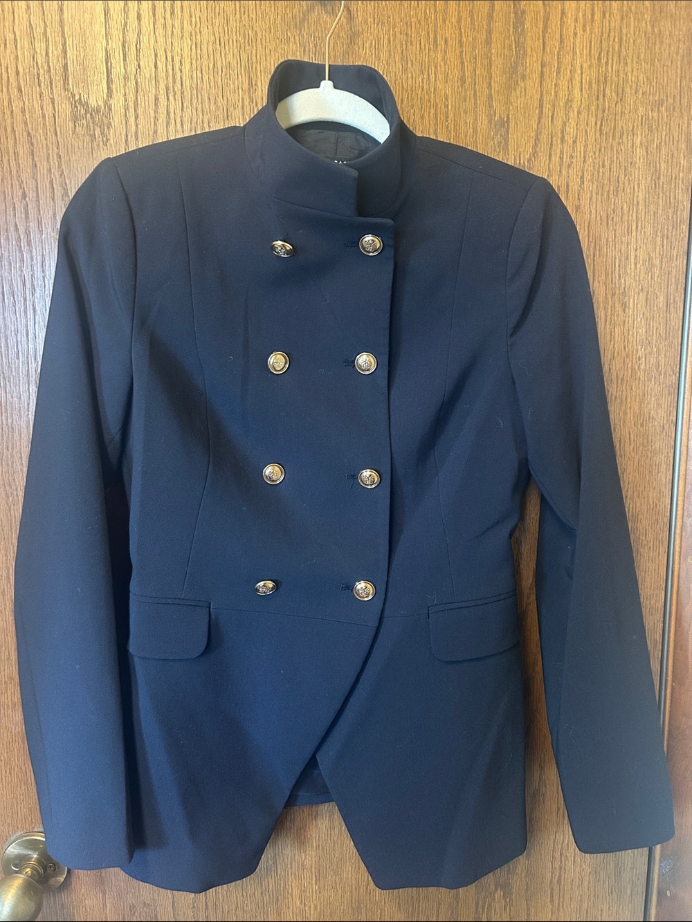 Zara Navy Double-Breasted Military Blazer with Gold Buttons
